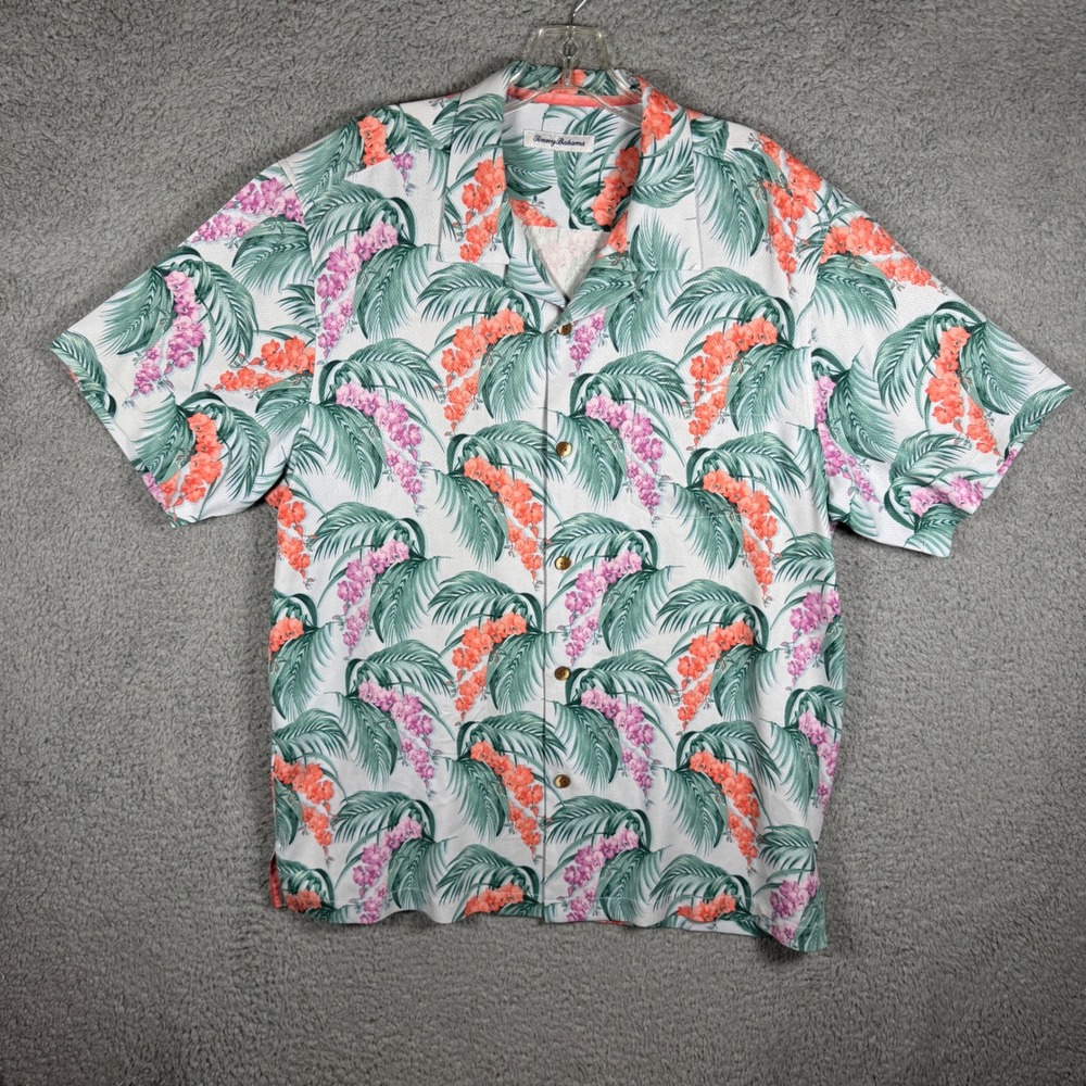 Tommy Bahama Mens Large 100% Silk Tropical Floral Palm Short Sleeve Camp Shirt